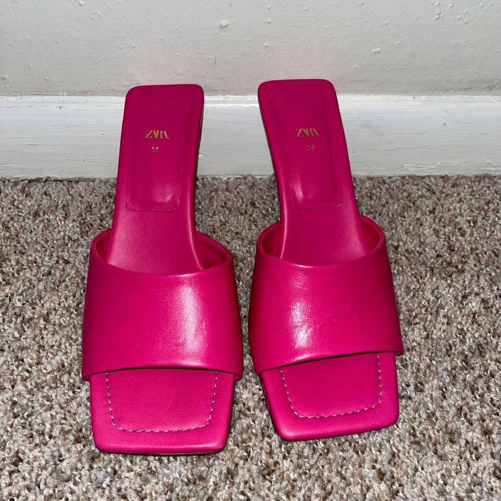 Hot Pink Square Toe Mule Heels